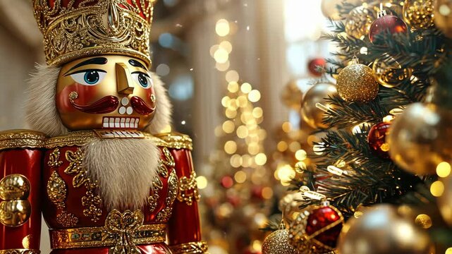 Golden nutcracker statue with intricate details, standing proudly beside a gold-lit Christmas tree in a lavishly decorated room. . Video