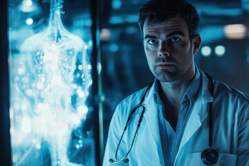 A doctor on a futuristic digital background. Modern technology and concept