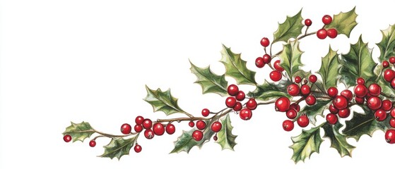 Fototapeta premium Festive Holly Berries and Leaves Border
