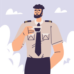 Pilot Bearded Man Character in Uniform with Tie Drink Coffee Vector Illustration