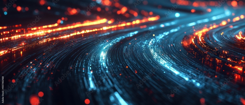 Poster abstract digital landscape with glowing lines and particles in motion.