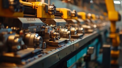 Close-up of Industrial Machinery with Yellow Components and Shiny Metal Parts