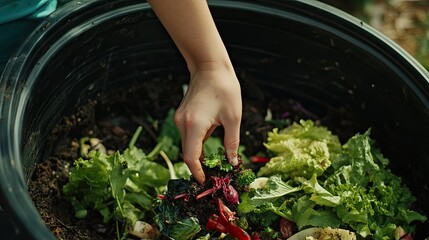 Girl's hand hovering over a compost bin, ready to discard food scraps with a mindful approach to waste.