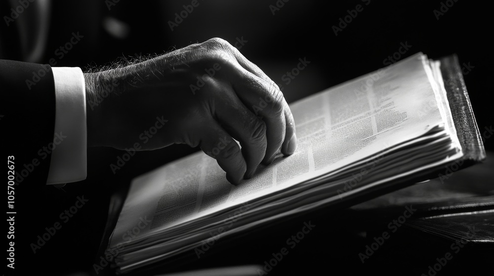 Poster close-up of a hand tracing text in a large book