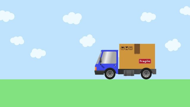 Animation delivery truck with cardboard box. 4k UHD video.