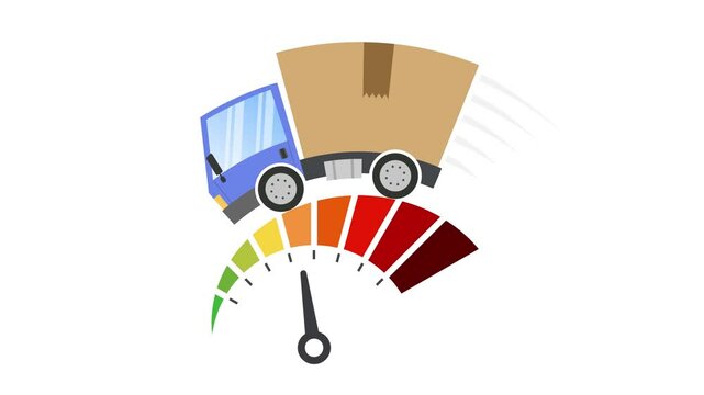Animation delivery truck with cardboard box and tachometer. 4k UHD video.