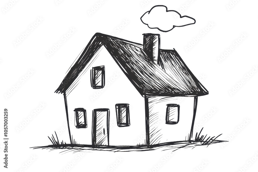 Poster simple black and white sketch of a house with chimney and cloud in the sky, representing home design