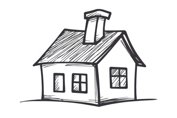 Simple hand-drawn sketch of a cozy house with a chimney and windows, emphasizing classic architectural simplicity and charm in black and white.