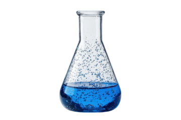 Laboratory flask with blue liquid and bubbles isolated on transparent background, ideal for science, chemistry, and research-themed projects.