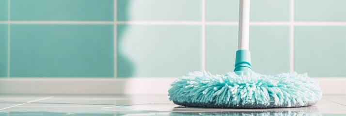 Blue plastic mop in an empty clean restroom. Banner with copy space. Washing tile flooring using mop pad. Modern Interior. Cleaning service. Mopping floor ground for bacteria, dust, dirt. Housekeeping