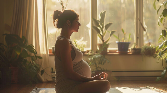 Pregnant woman meditates in solitude in apartment flat, fostering inner peace and connection with her body and baby. The image conveys serenity, prenatal mindfulness, and maternal bond