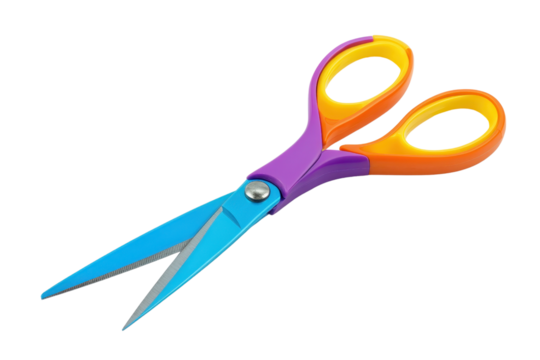 Colorful scissors with ergonomic handles and sharp blades, perfect for crafting, office use, or school projects, isolated on a transparent background.