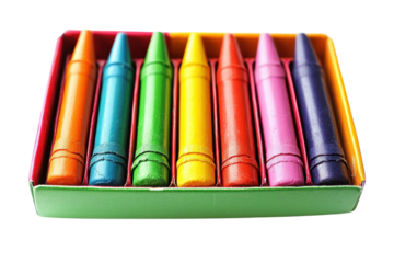 Colorful box of crayons in a vibrant rainbow arrangement, perfect for art and creativity projects. Ideal for children's coloring activities.