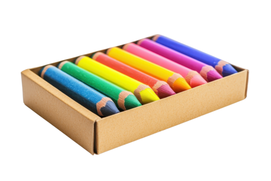 Colorful set of crayons in a cardboard box, neatly arranged in a row. Perfect for art projects, creativity, and educational activities.