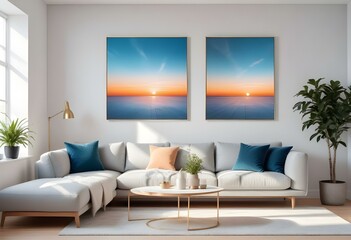 Modern Interior Poster Frame Mockup in Contemporary Living Room - 3D Render, Minimalist Poster Frame Mockup in a Modern Living Room - 3D Render Design