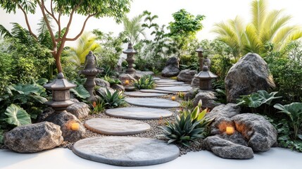 Serene garden pathway with stones, plants, and lanterns.
