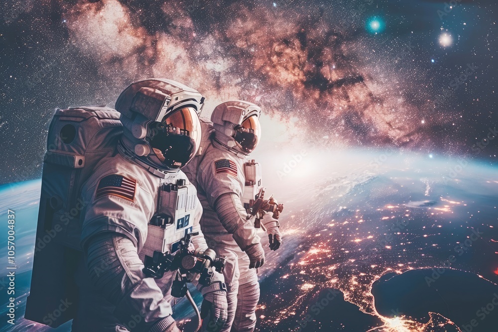 Poster two astronauts floating in space above earth with the milky way galaxy in the background
