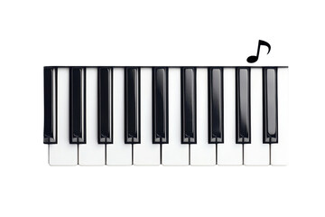 Fototapeta premium Close-up of a piano keyboard with eight white and black keys, showcasing a musical note. Perfect for music themes and creative designs.