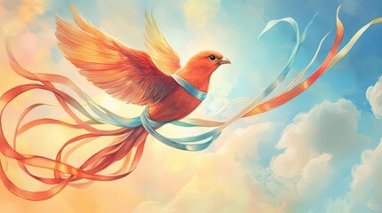Obraz premium Handdrawn depiction of a bird with wings made of ribbons, Soaring Above, hope and freedom