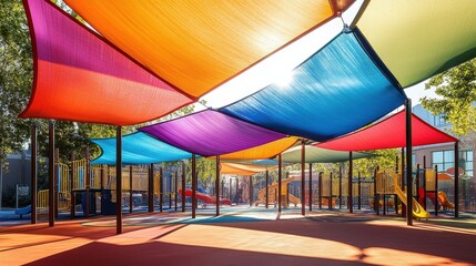 Colorful shade sails canopy a vibrant playground, creating an inviting space for play and relaxation under the sun.