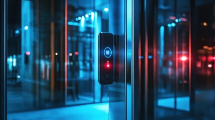 A sleek, modern access control system glows with blue and red lights, reflecting a sophisticated, high-tech entrance.