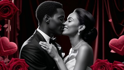 A beautiful couple bride and groom against a dark red curtain backdrop adorned with roses and jeweled hearts. Love and emotions concept
