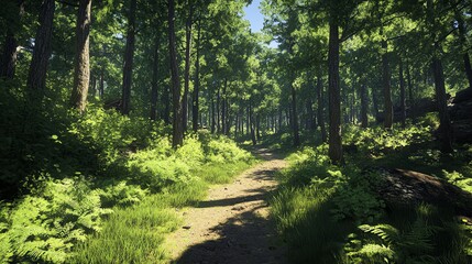 Obraz premium Forest path with sunlight filtering through trees