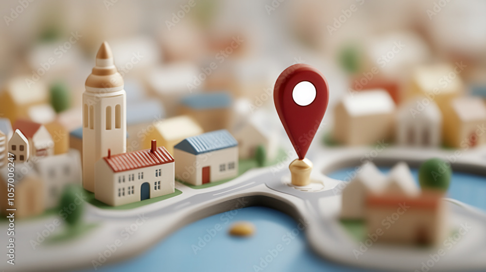 Poster detailed map view featuring colorful town with prominent location marker. scene includes various min