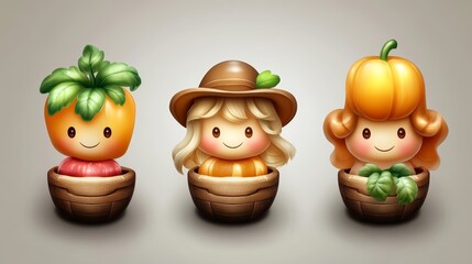 Obraz premium Cute cartoon fruits in baskets, a vibrant illustration for healthy eating and kids' projects