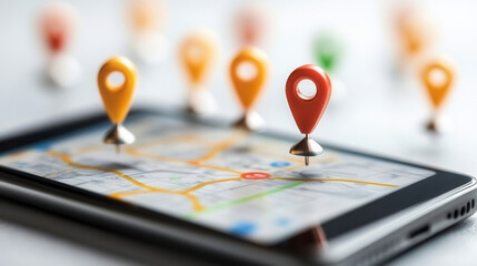 Digital map with location pins on smartphone screen, showcasing navigation and geolocation features. vibrant colors of pins add dynamic touch to interface