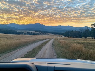 Driving Through the Australian Outback at Sunrise.