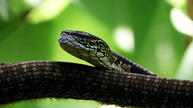 Snake resting on a branch in a lush green environment, showcasing its intricate scales and natural camouflage