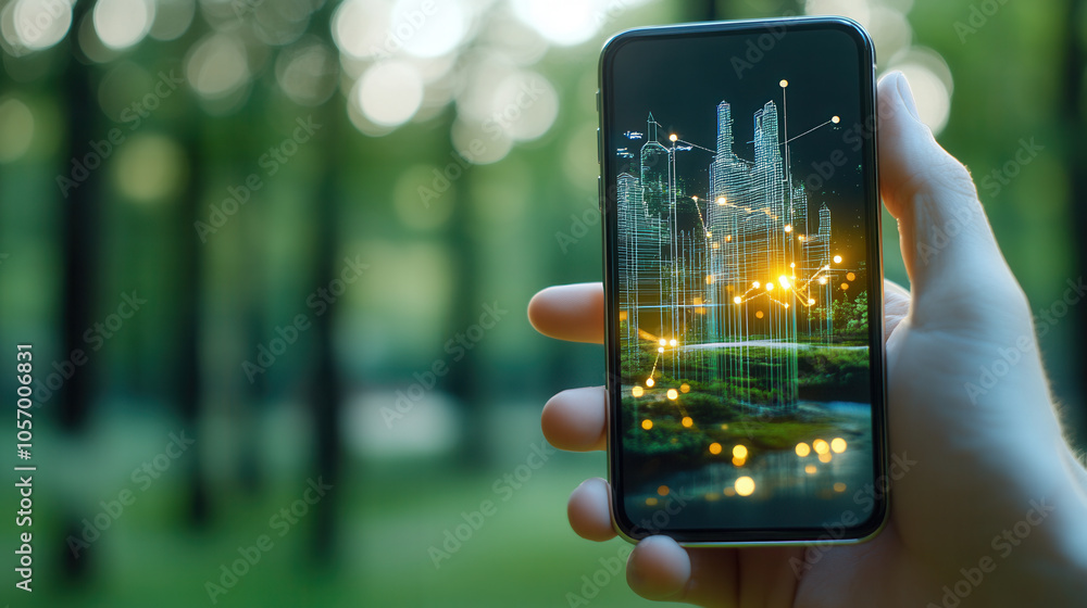 Poster smartphone displaying futuristic app with city skyline and glowing data points in green park setting