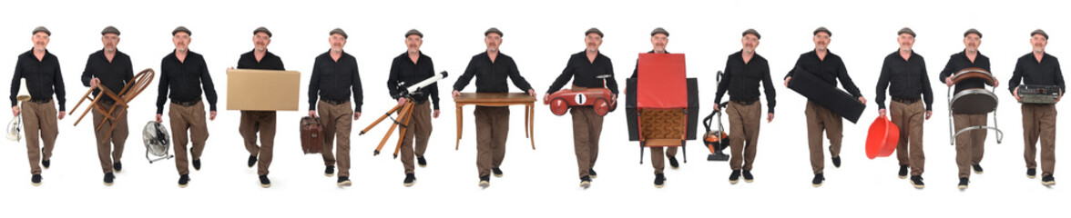 line of front view of the same man walking carrying various objects from his house, house moving concept