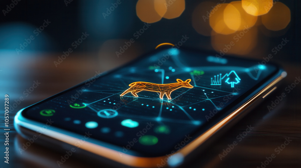 Poster mobile app interface displaying playful radar graphic of cow, showcasing vibrant colors and modern d