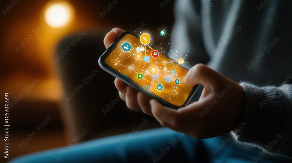Poster person using mobile app with playful radar interface and icons