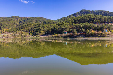 Cubuk Lake in Goynuk District of Bolu, Turkey. Beautiful lake view with windmills.