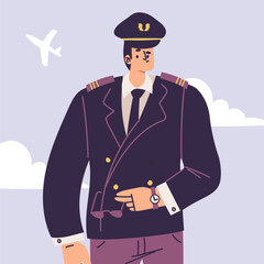 Pilot Man Character in Uniform with Tie Vector Illustration