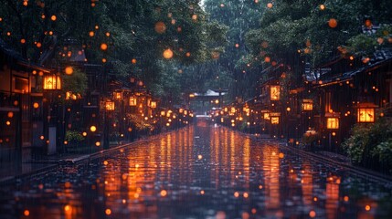 Naklejka premium A serene, rain-soaked street illuminated by glowing lanterns.