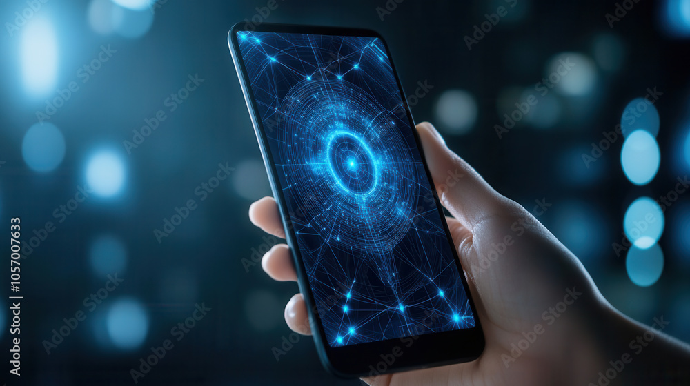 Poster sleek smartphone displaying sonar like radar interface with glowing blue lines and futuristic design