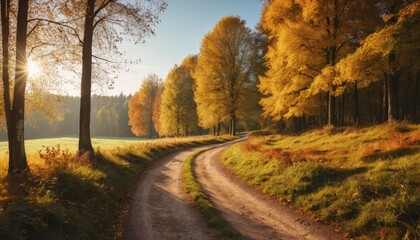 Fototapeta premium Winding Country Road Through Autumn Forest with Golden Leaves and Sunlight