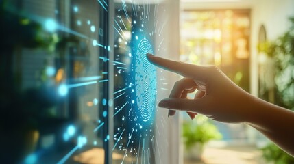 A hand touches a futuristic screen displaying a glowing fingerprint, symbolizing biometric security and technology.