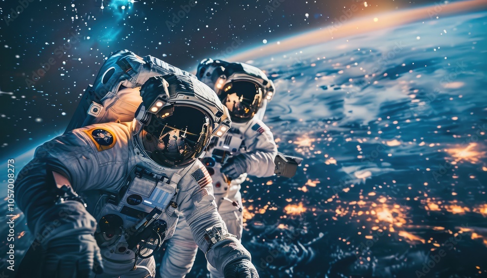 Poster two astronauts floating in space, earth in the background