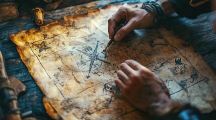A person examines an ancient map, tracing routes and markings, evoking a sense of adventure and exploration.