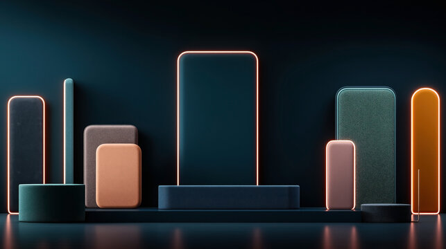 Futuristic geometric composition with illuminated rectangular shapes and neon outlines on a reflective surface in a dark environment