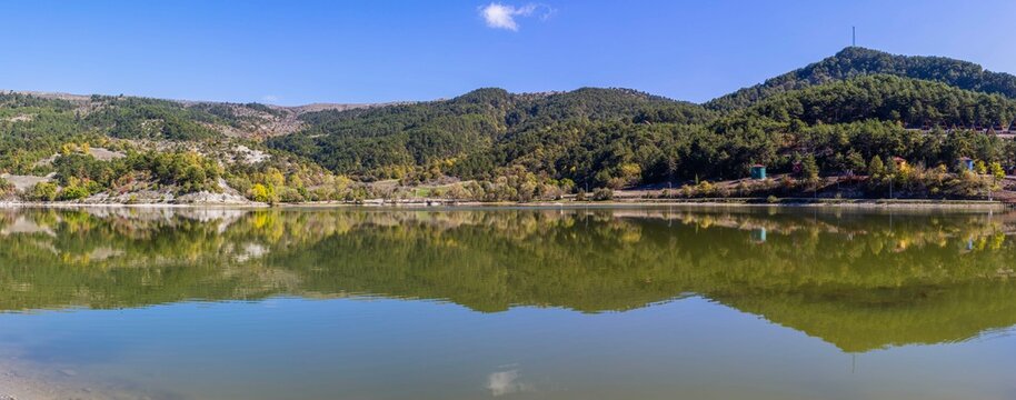 Cubuk Lake in Goynuk District of Bolu, Turkey. Beautiful lake view with windmills.