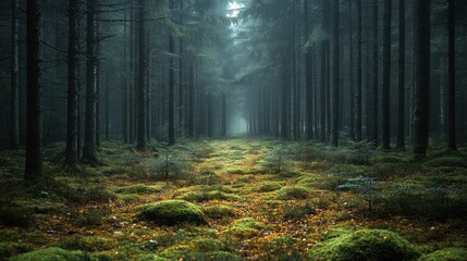 Fototapeta premium A serene forest path shrouded in mist and lush greenery.