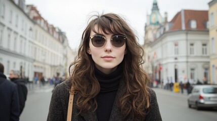 Obraz premium Fashionable Woman in Sunglasses Walking on City Street in Autumn