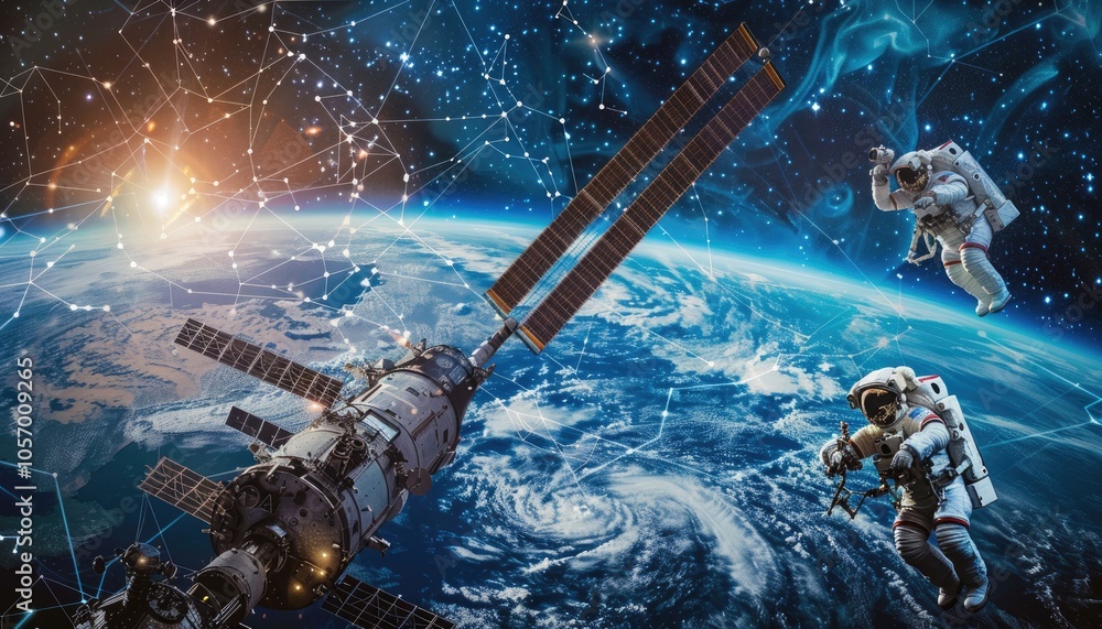 Poster space station and astronauts orbiting earth with network connection