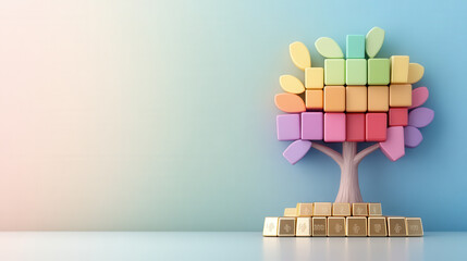 Colorful tree made of building blocks symbolizes growth and investment. vibrant branches represent various financial opportunities, inspiring creativity and innovation